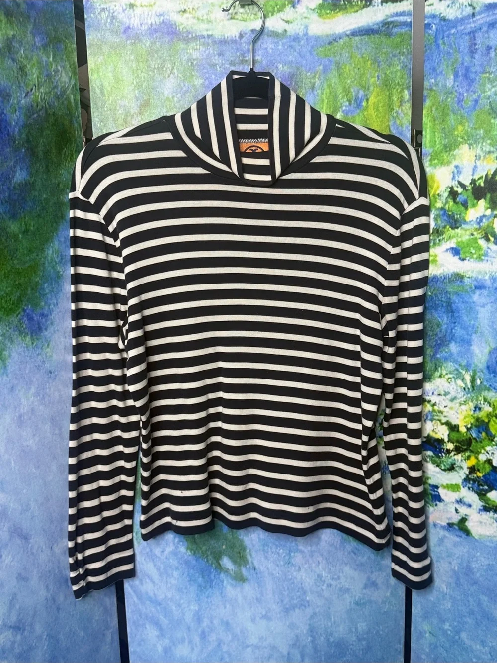 Tory Burch Navy & Ivory Striped Pima Cotton Turtleneck Top Medium
